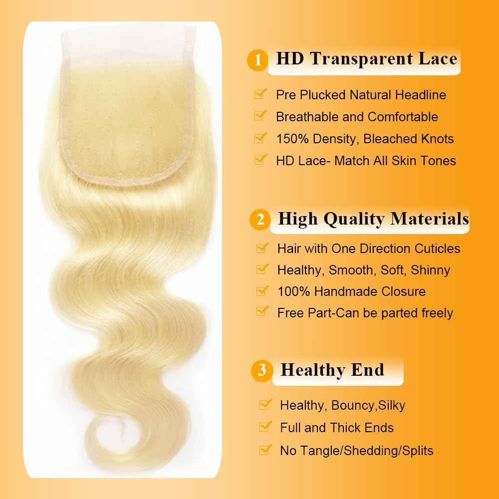 QTHAIR 16A Blonde #613 Body Wave 4X4 HD Lace Closure Transparent Lace Frontal Closure 20 inch Closure for Brazilian Body Wave Bundles Human Hair Invisible Knots Melt to Skin