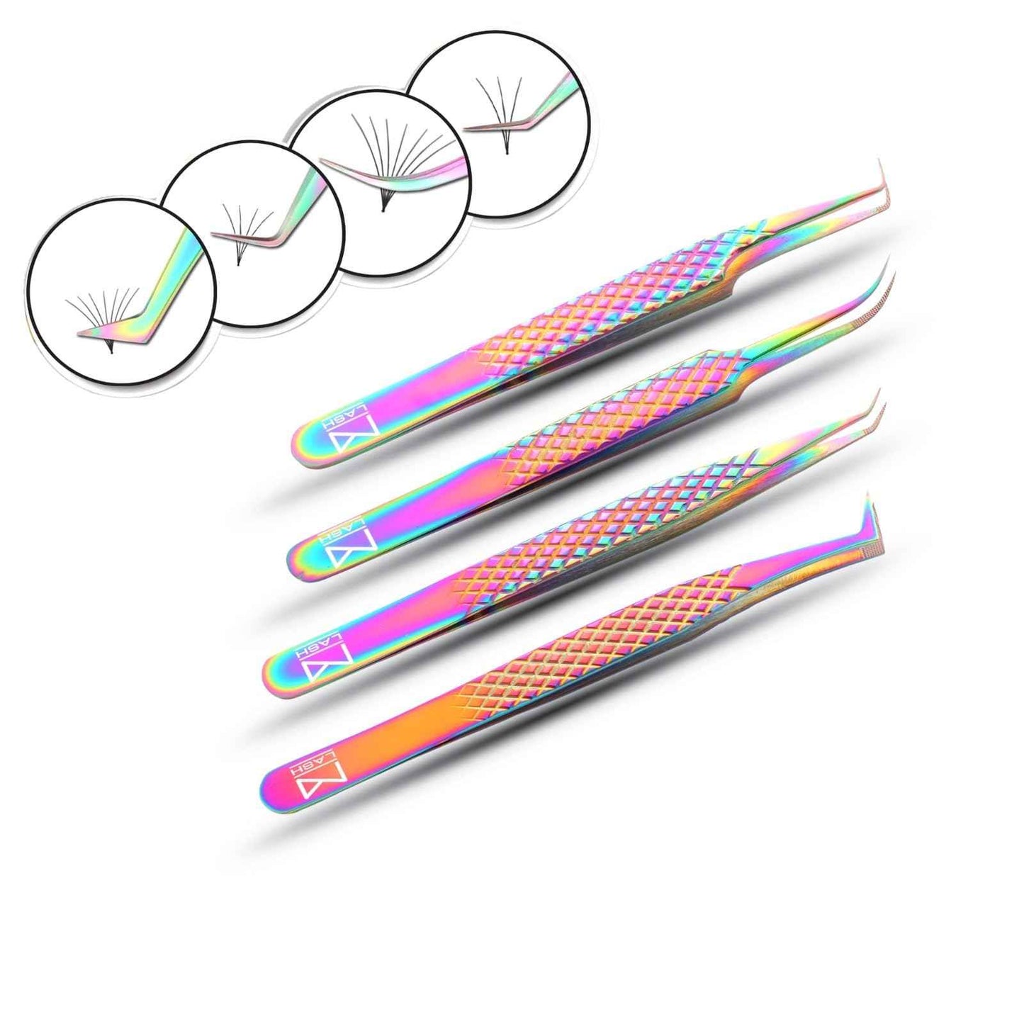 M LASH Eyelash Extension Tweezers (Set of 4) - Professional & Precision Lash Tweezers for Eyelash Extensions - Japanese Steel, Diamond Grip, Fiber Tip V5 (White)