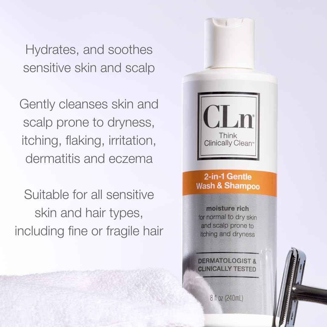 CLn® 2-in-1 Gentle Wash & Shampoo- Multi-functional Cleanser for Skin & Scalp Prone to Irritation, Flaking, Itching, Dryness & Razor Bumps, Fragrance-Free & Paraben-Free, 8 fl. oz.
