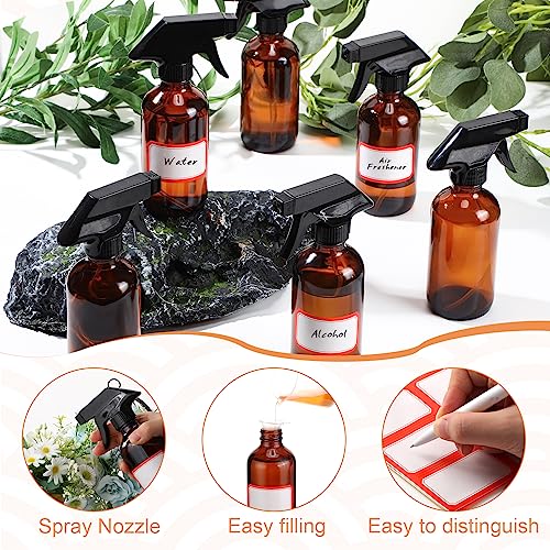 Norme 24 Pcs Glass Spray Bottles with Funnels and Labels 8 oz Refillable Cosmetic Empty Spray Containers with Trigger Squirt Containers for Essential Oil Cleaning Solutions(Brown)