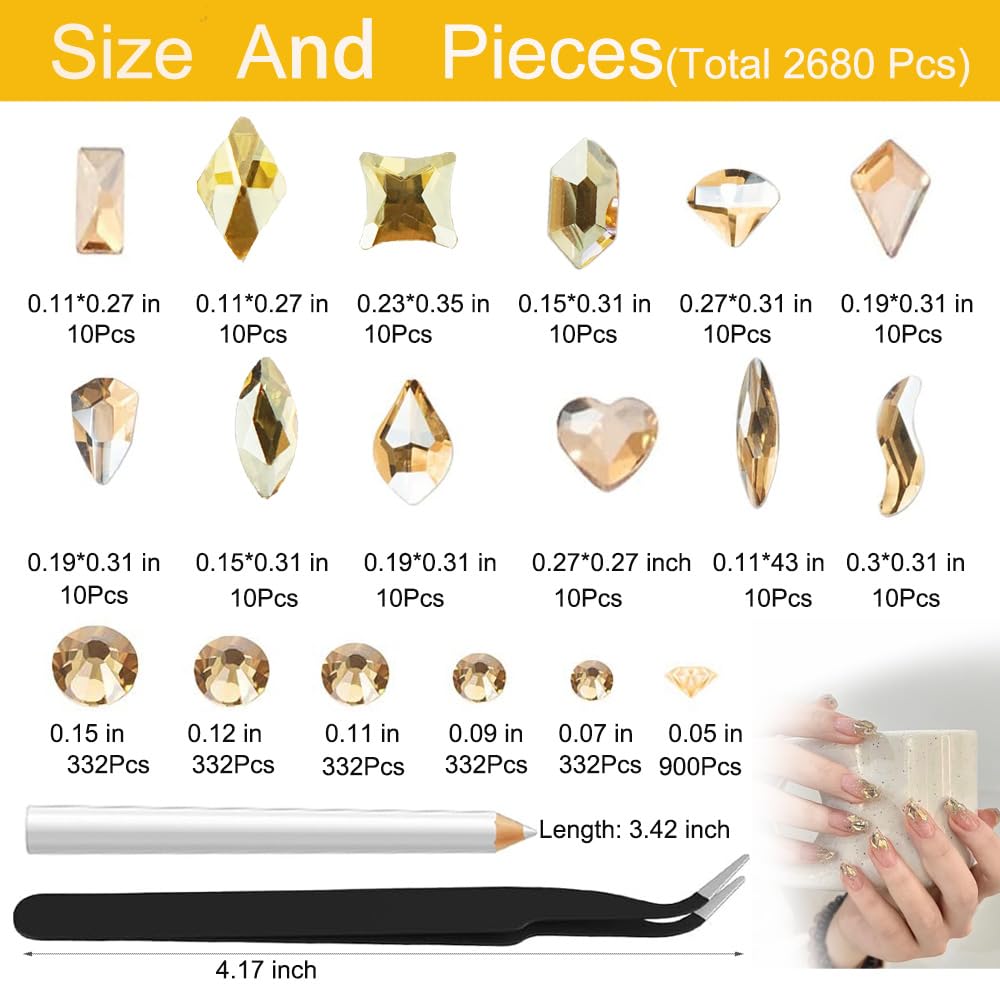 2680Pcs Champagne Gold Rhinestones Nail Gems, 120Pcs Big Golden Nails Charms with Bling Flatback Round Beads, Gold K9 Glass Clear Diamond Stones Jewelry for DIY Faces Eyes Makeup Crafts Decoration