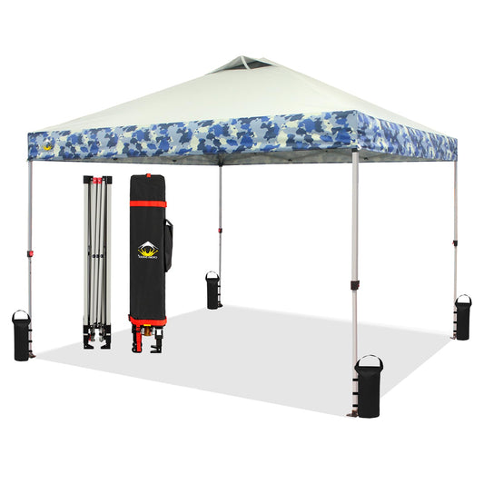 CROWN SHADES 10x10 Pop Up Canopy, Patented Center Lock One Push Instant Popup Outdoor Canopy Tent, Newly Designed Storage Bag, 8 Stakes, 4 Ropes, Camouflage Blue&White