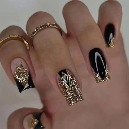 Square Press on Nails Medium Length French Fake Nails with Gold Foil Glitter Black French Design Glossy Stick on Nails Full Cover Artificial False Nail Decoration for Women and Girls 24Pcs