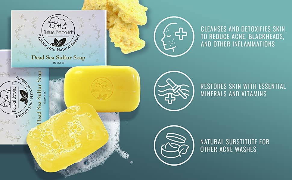 Natural Elephant Dead Sea Sulfur Soap 4.4 oz with Dead Sea Salt, Aloe Vera, Sulphur Face and Body Cleanser Bar for All Skin Types (3 Pack (13.2 oz Total))