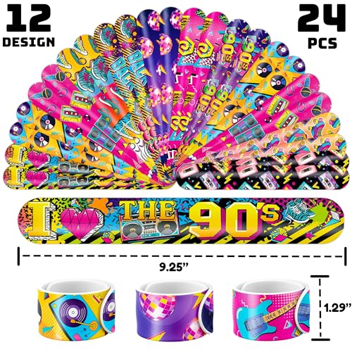 72PCS 80s, 90s Party Set - 48PCS Temporary Tattoos & 24PCS Slap Bracelets - Retro-Themed Birthday Supplies, Baby Shower Gifts, Classroom Rewards & Party Decor for Kids (Boys & Girls)