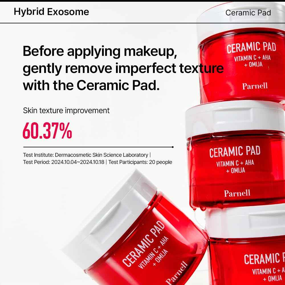 Parnell AHA 9.12% Omija Ceramic Peeling Pads (60 Count) | Gentle Daily Exfoliating Toner Pad with LHA PHA Vitamin C | Smooth Clear Look Korean Skin Care