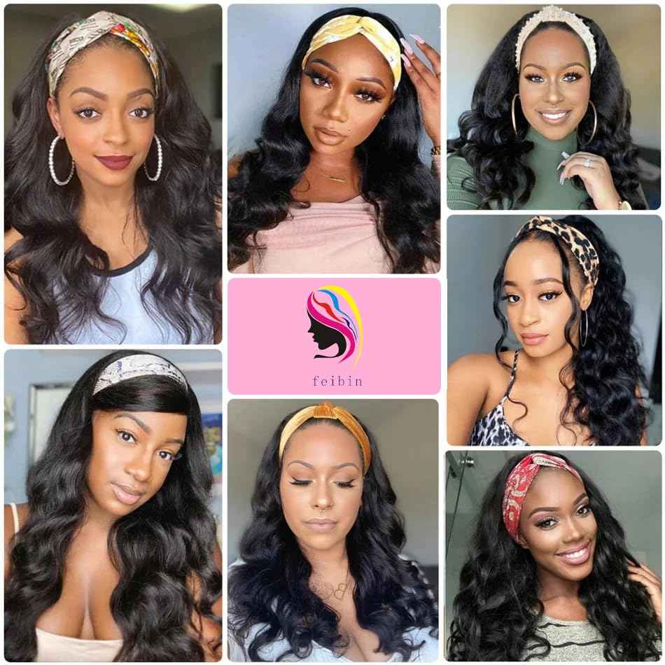 feibin Headband Wig Human Hair Wigs for Black Women Human Hair Headband Wig Body Wave 12 Inch Wear and Go Wigs Glueless Human Hair Wig Machine Made None Lace Front Wig Natural Color 150% Density