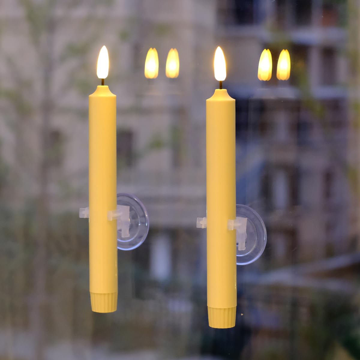 6PACK Flameless 8'' Window Candles with 12 AA Batteries(Run More Than 400 Hours)+6 Suction Cup+6 Golden Candleholders. Battery Powered Ivory Taper Candles with Remote and Timer.Remote Included