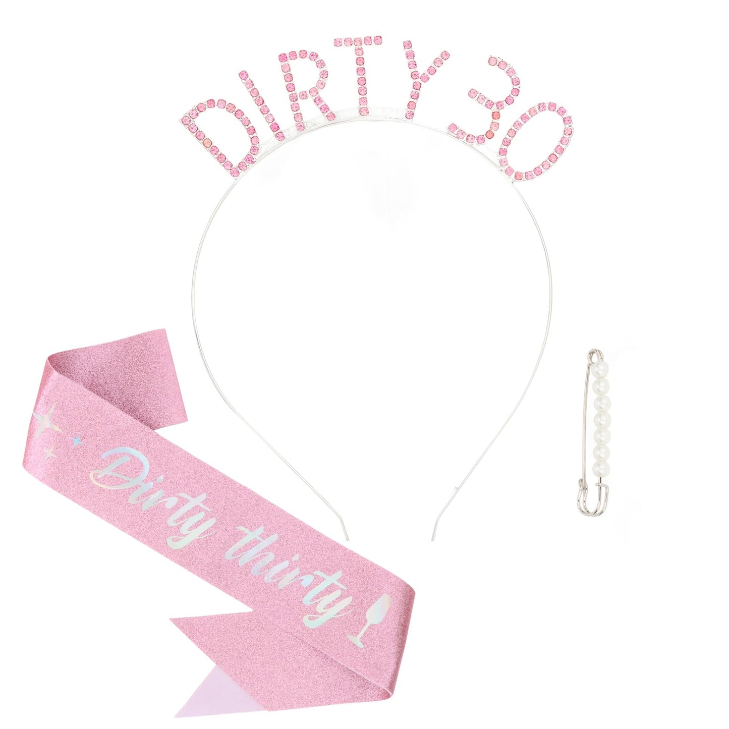 Semato 30th Birthday Sash & Rhinestone Dirty 30 Birthday Headband Kit- Pink Dirty thirty Birthday Sash Happy 30th Birthday Decorations for Her 30th Birthday Gifts Party Decorations