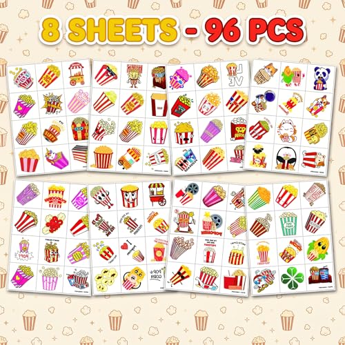 96 PCS Movie Popcorn Temporary Tattoos for Kids