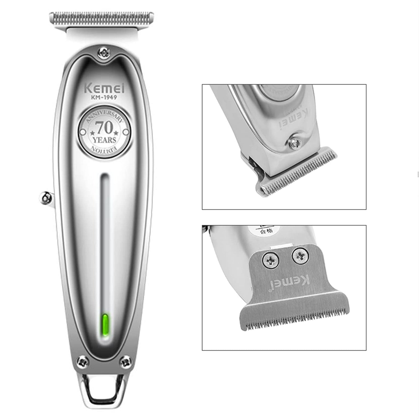 Kemei 1949 Trimmer Professional Hair Clippers for Men Zero Gap Electric Cordless Beard/Hair Trimmer Rechargeable T-Blade Haircut Machine for Stylists and Barbers Grooming Kit, Silver