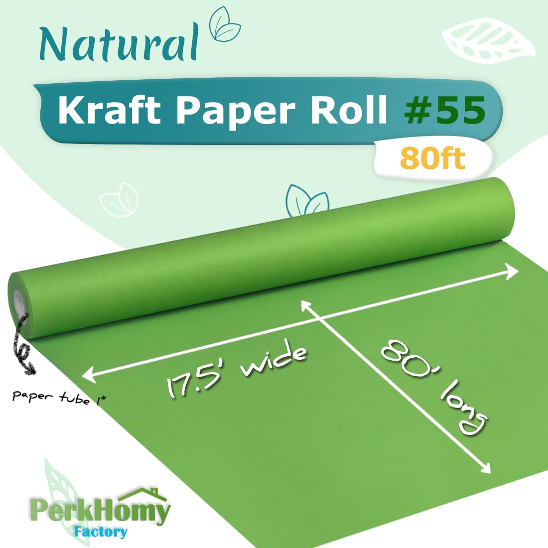 PerkHomy Medium Green Kraft Paper Roll 17.5" x 960" (80') for Gift Wrapping Bouquet Flower Kids Art Painting Craft Writing Packaging Shipping 80GSM 55LB (Medium Green, 17.5" x 80')