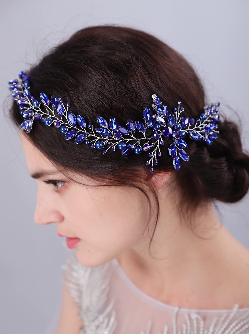 JWICOS Crystal Wedding Headband for Brides Pearl Wedding Hair Accessories Bridal Hair Piece Hair Vine for Women and Girls (Blue)