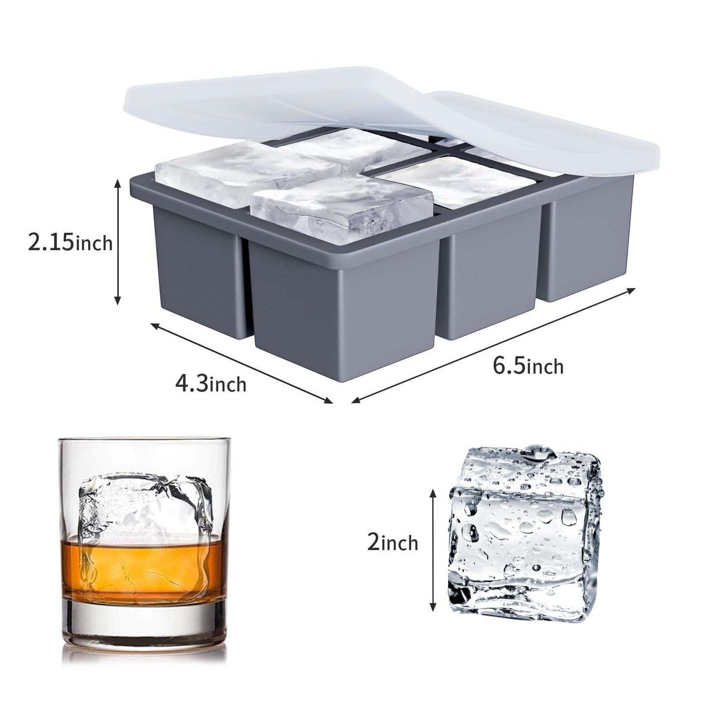 Large Ice Cube Tray for Whiskey: FDDBI Big Square Ice Cube Maker for Cocktail - 3Pack Silicone Old Fashioned Ice Cube Trays - 2inch Huge Cubed Ice Trays for Whisky