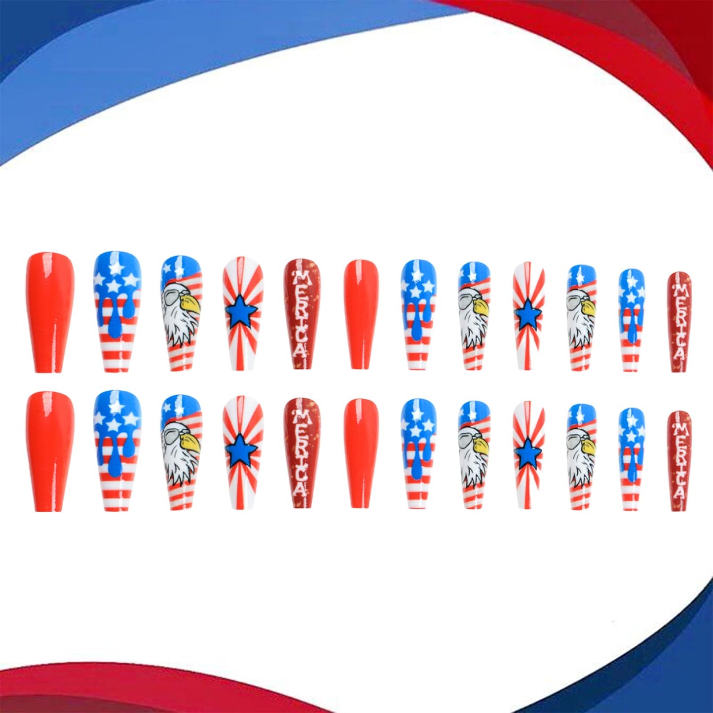 4th of July Press on Nails Red Blue White Long Coffin Fake Nails Independence Day American Flag Stars Owl Design False Nail Patriotic Full Cover Acrylic Nails for Women Girls Manicure Decoration 24Pcs