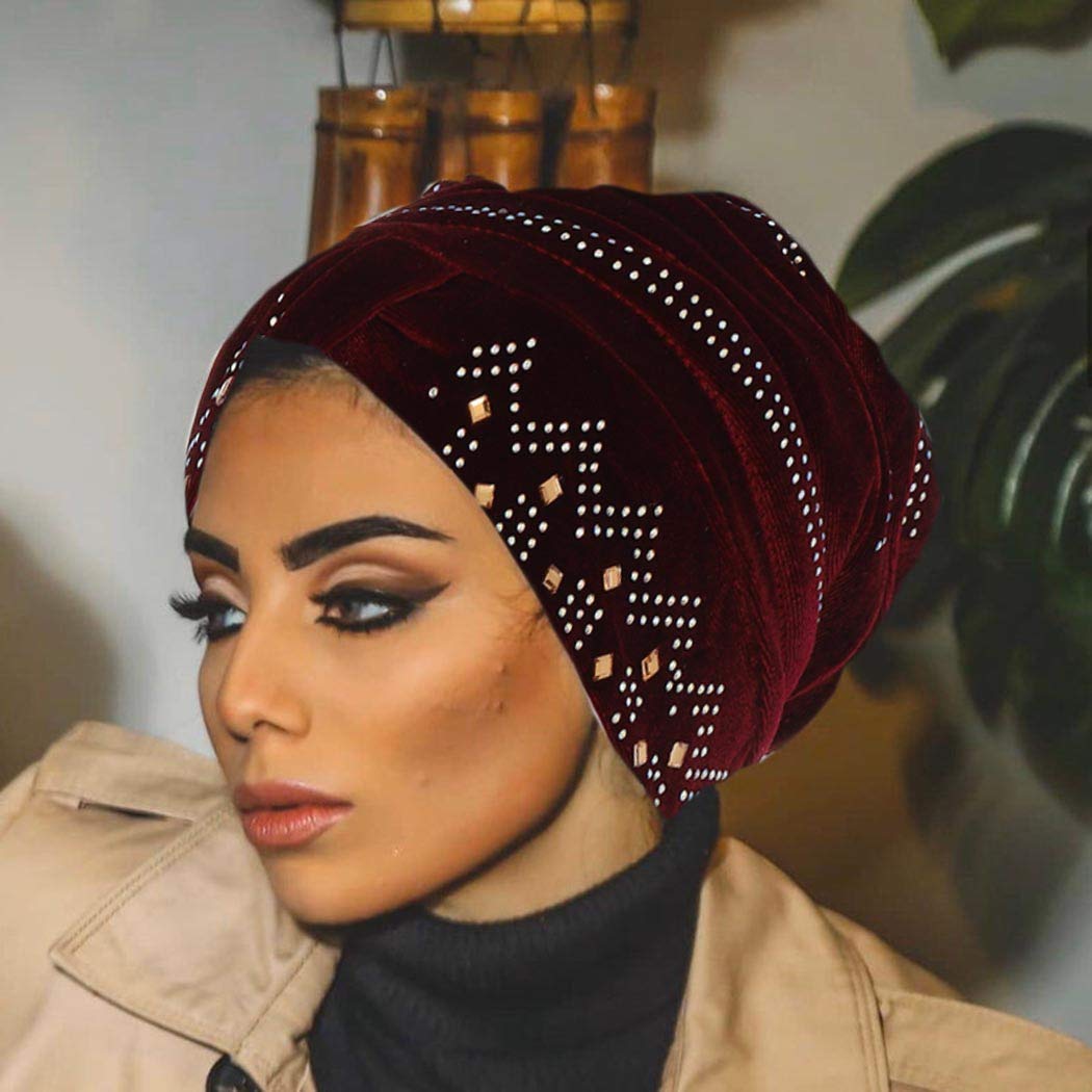 Bohend Vintage Rhinestone Turban Sleep Headwrap Wide Sparkly Sleep Turban Headband Crystal Muslim Hat Headwear Beanie Pre-Tied Bonnet Velvet Hat Cap Hair Wrap for Women and Girls (Wine red)