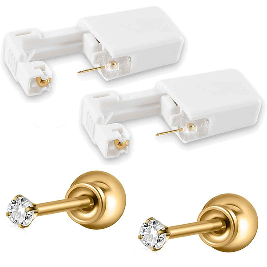 CHUANCI PAIR Disposable Sterile Ear Piercing Unit Ear Cartilage Tragus Helix Piercing Gun More Safety Piercer Tool Machine Choose Design (PAIR Gold 2mm Cz)