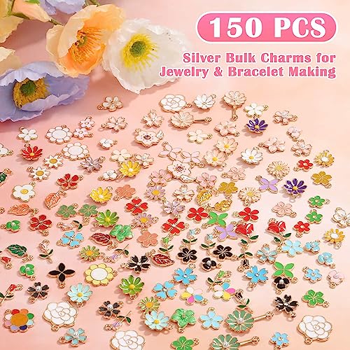 Acejoz 150Pcs Flower Charms for Jewelry Making(In Pairs), Assorted Jewelry Enamel Charms, Wholesale Mixed Bulk Metal Earring Charms for DIY Necklace Bracelet Earring Jewelry Making and Crafting