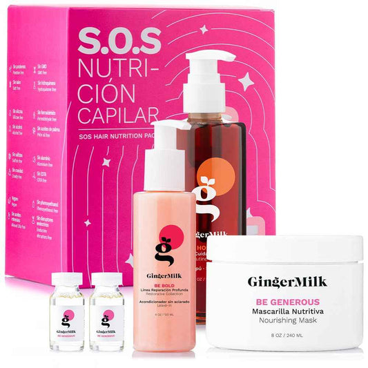 Hair Nourishment Pack SOS by GINGER MILK, Vegan Hair Care Set with pH-Balanced Shampoo 8.5oz, Hair Mask 8oz, Leave-in 4oz & 2 Ampoules | Weak Hair: Nourish, Shine, Strength, Noticeable Results Soon