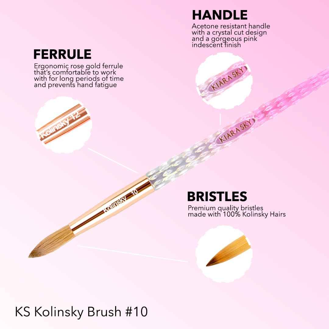 Kiara Sky Acrylic Brush #10 - Pink | 100% Pure Kolinsky | Crystal Cut Handle and Acetone Resistant