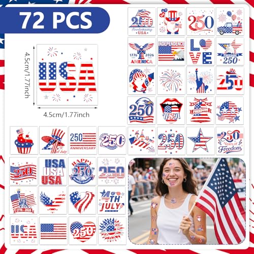 72Pc 4th of July Temporary Tattoos - Patriotic Party Favors