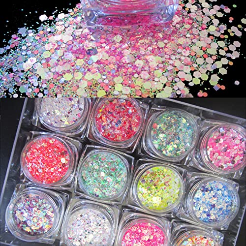 LoveOurHome 24 Box Iridescent Aurora Glitters Powder Pigment Nail Decorations Hexagon Chunky Flakes Sequins Accessories for Resin Epoxy Crafts Festival Makeup Body Acrylic Nails Design