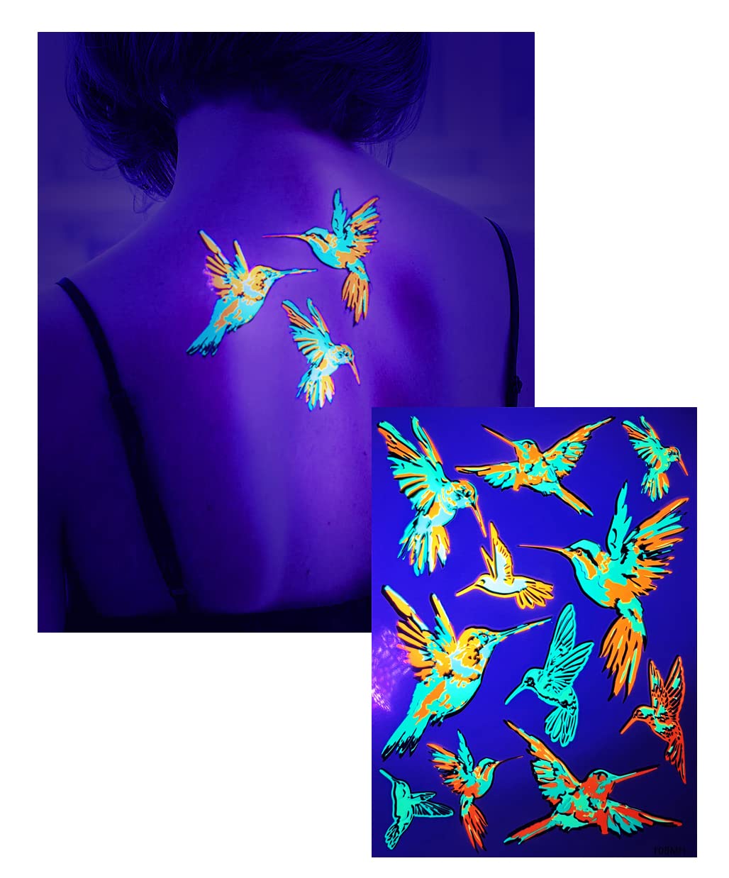 Temporary Tattoos-1 Sheets UV Blacklight Reactive Hummingbird Sparrow Bird Neon Glow Tattoo for EDC EDM Rave Party