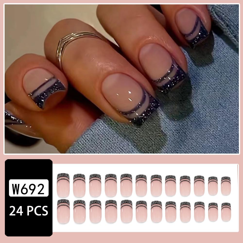 Black French Tip Press on Nails Short Square Balck Fake Nails with Silver Glitter Designs Pink False Nails Press Ons Full Cover Glossy Acrylic Glue on Nails Stick on Nails for Women 24Pcs