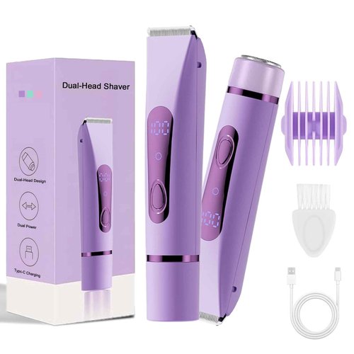 Bikini Trimmer Electric Razors for Women, Rechargeable Pubic Body Hair Trimmer 2-in-1 Electric Shaver for Legs Body Hair, Bikini Shaver (Purple)