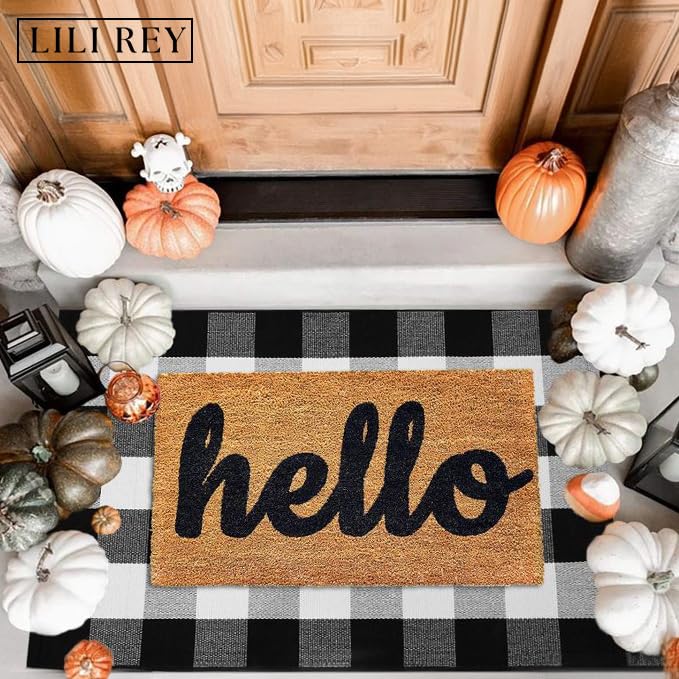 LILI REY Black and White Checkered Rug - Premium 3' x 5' Buffalo Plaid Outdoor Rug - Front Porch Cotton Rug Entryway Patio - Buffalo Check Rug - Plaid Door Mat - Farmhouse Decor Washable