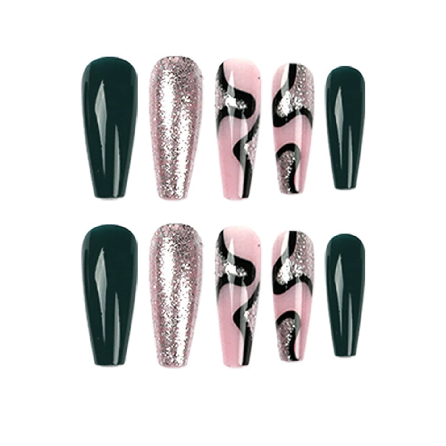 Long Press on Nails Coffin Shape Fake Nails Acrylic False Nails with Glitter Sequins Design Black Silver Full Cover Stick on Nails Glossy Glue on Nails for Women 24Pcs