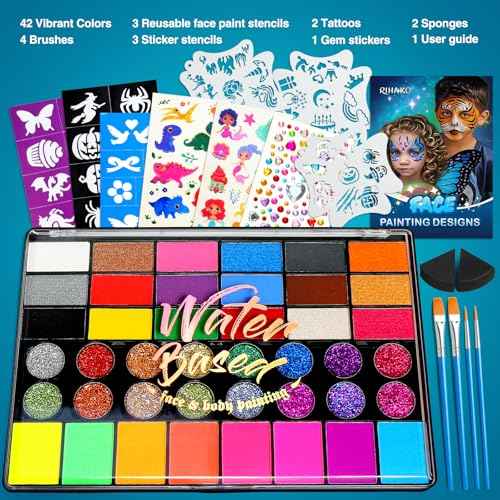 Halloween Party Face Painting Kit for Kids - 42 Colors Professional Face Paint Kit,Non-Toxic face Paint With Stencils, Brush, Gems. For Carnival, Halloween, Costume Makeup and Any Creative Activity