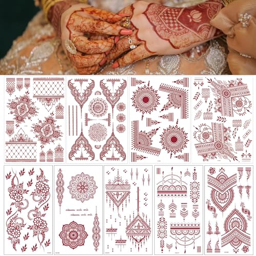 Brown Temporary Tattoo Stickers, 9 Sheets Red Brown Waterproof Tattoo Stickers for Women Wedding Party Festival Lotus Mandala Flower Temporary Tattoos