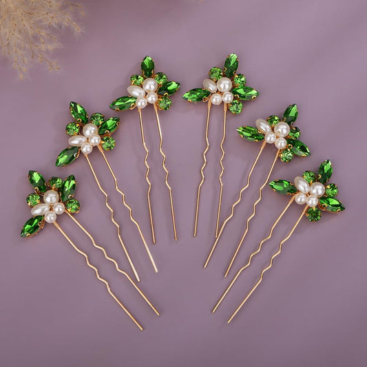 Teyglen 6pcs Crystal Pearl Bridal Hair Pins Green Rhinestone Wedding Hair Pins Clips Set Handmade Rhinestone Hair Piece Decorative Hair Accessories for Women Bride Girls (Green)