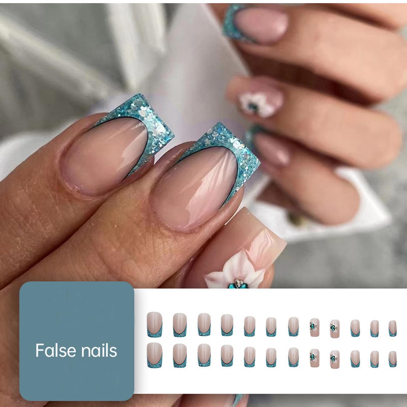 Nude Short Fake Nails Square Press on Nails with French Tip Blue Glitter Designs 3D Flower Glue on Nails Short Acrylic Press on Nails for Women Girls 24Pcs (Spring Summer)