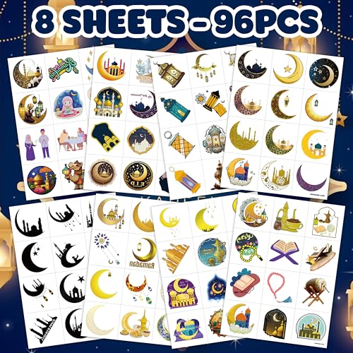 Ramadan Temporary Tattoos - 96 PCS Islamic Eid Kareem Stickers