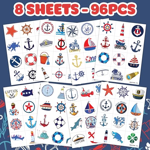 Nautical Temporary Tattoos - 96 PCS Pre-cut Stickers, 8 Sheets