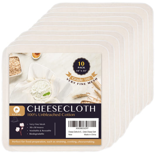 Cheese Cloths for Straining, Grade 100, 15 x 15inch 10 Pack, Hemmed Cheesecloth for Cooking, 100% Combed Unbleached Cotton Cheese Cloth