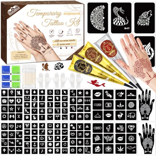 Temporary Tattoo Kit 146pcs with Stencils & 3 Ink Colors