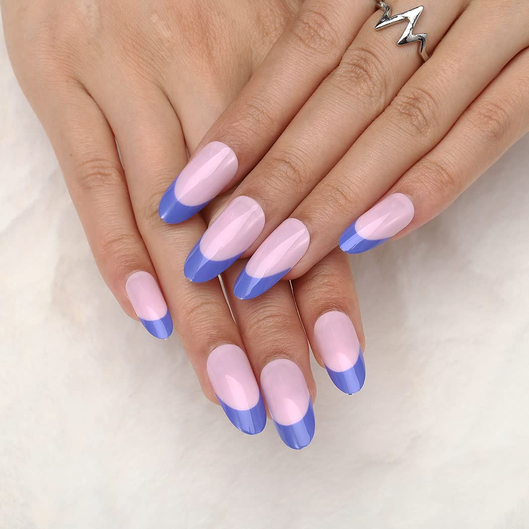 Gangel French Stiletto False Nails Glossy Fake Nail Pink Full Cover Nude Fake Nails Sharp Acrylic Press on Nails for Women and Girls 24Pcs (French-Blue)