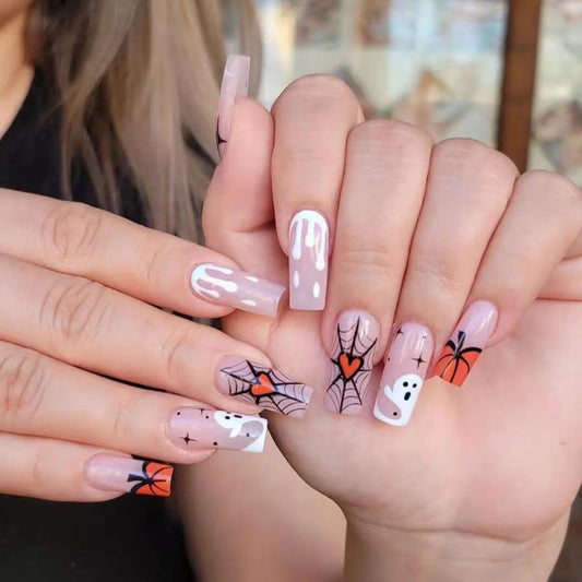 24Pcs Halloween Press on Nails Long Coffin Fake Nails Nude Pink Acrylic Nails Cute Ghost Pumpkin Spider Web Stick on Nails Supplies Full Cover Square False Nails for Women DIY Halloween Nail Decor