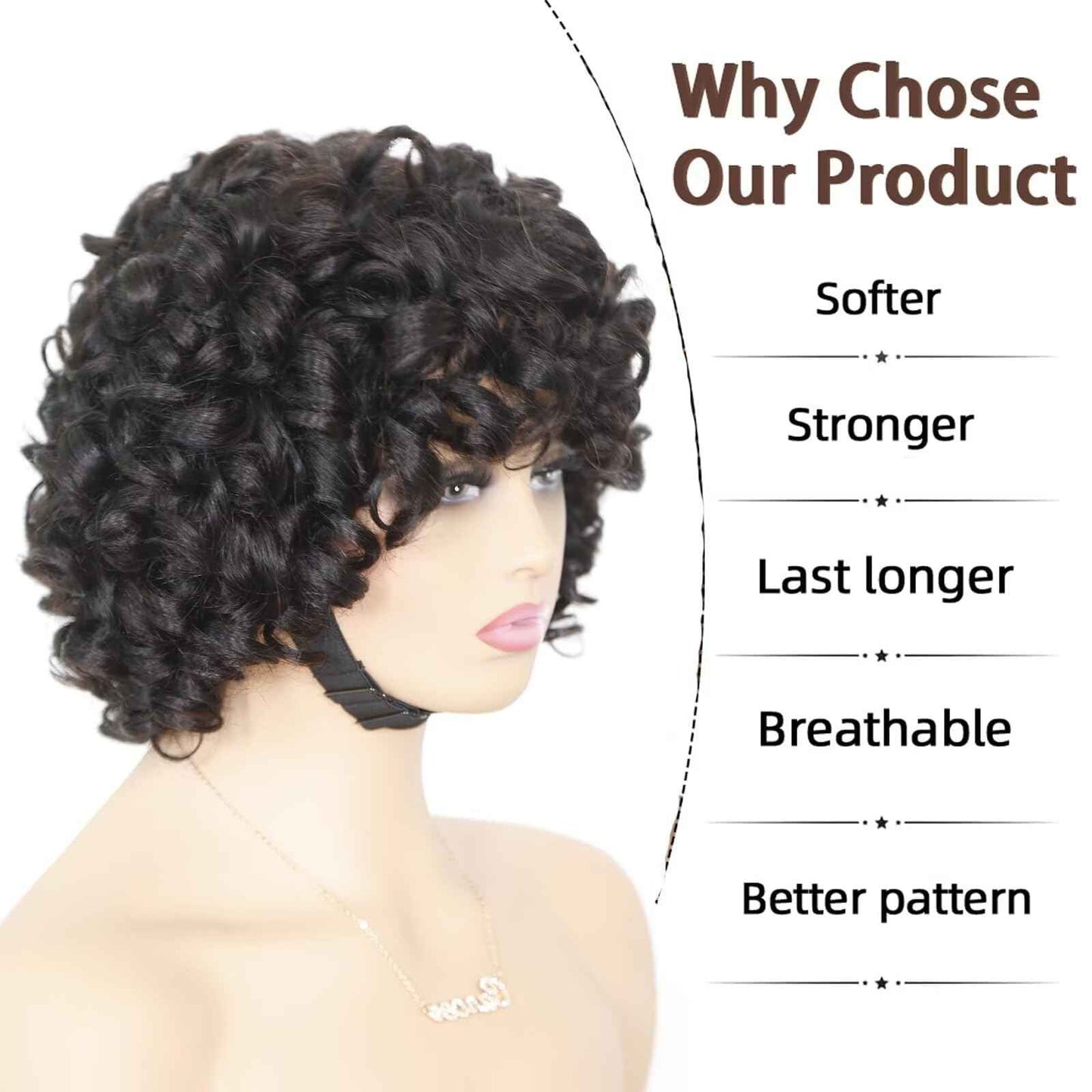 IMAYLI Fringe Bouncy Human Hair Wigs For Black Women Afro Rose Curly Funmi Glueless Wigs with Bangs Short Bouncy Curly Bob Wig With Bang 8Inch 180% Density Natural Black