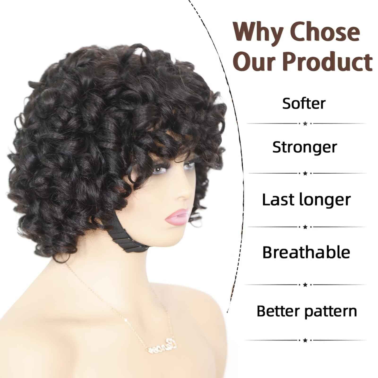 IMAYLI Fringe Bouncy Human Hair Wigs For Black Women Afro Rose Curly Funmi Glueless Wigs with Bangs Short Bouncy Curly Bob Wig With Bang 8Inch 180% Density Natural Black