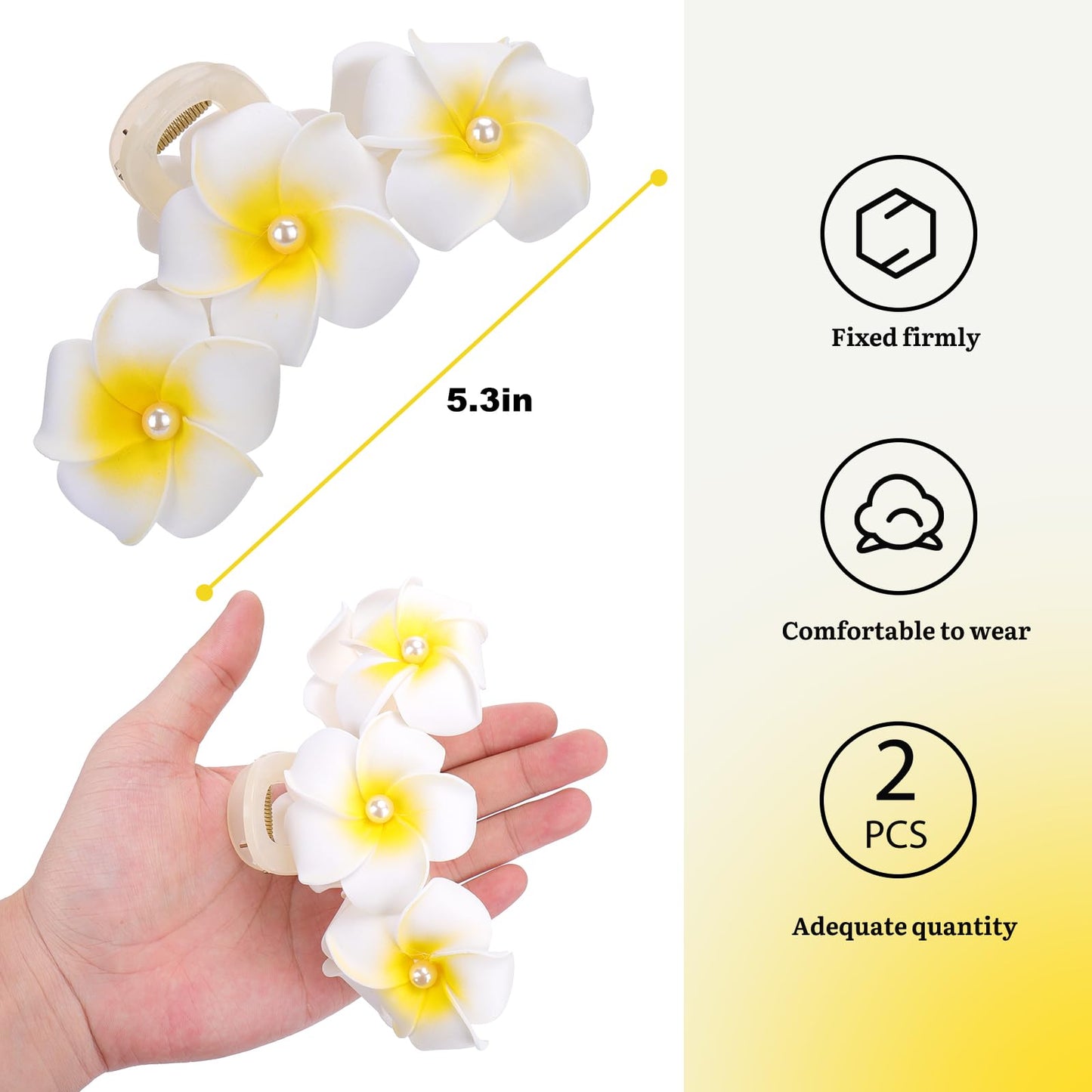 Vodolo Hawaiian Flower Hair Claw Clips for Women,2Pcs Artificial Flower Clips,Plumeria Hibiscus Hairclip for Beach Party,Cute Summers Tropical Flower Bow Hair Accessories for Girls Gifts (Yellow)