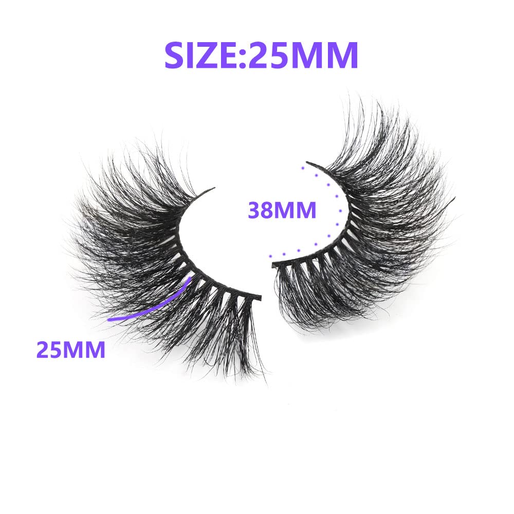 Kisslily 5 Pairs 25mm 3D Long Mink Lashes Pack Fluffy Mink Eyelashes Handmade Dramatic Thick Lash (6D-08)