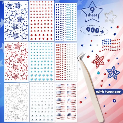 900 Pcs Patriotic Face Gems Stickers - 4th of July Rhinestones
