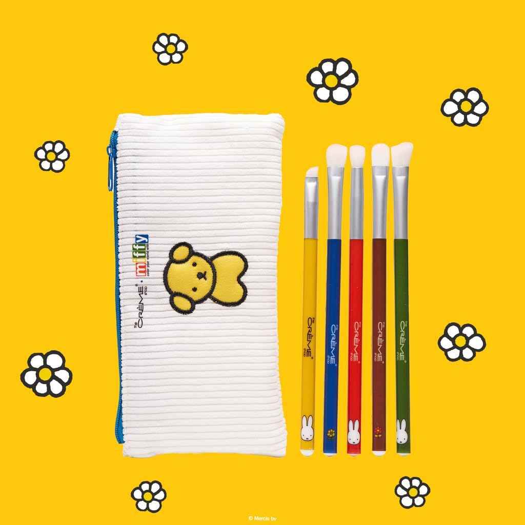 The Crème Shop Miffy Everyday Essentials Eyeshadow Brush Set and Travel Bag, Cute Miffy Pouch, 5 Eye Makeup Brushes, Korean Beauty, Blending Brush, Shading Brush, Precise Brush, Angled Shading