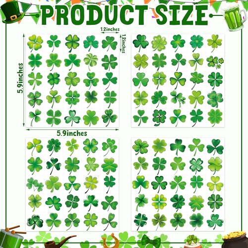 100 PCS St Patricks Day Tattoos, 4 Sheets Green Four Leaf Clover St Patricks Day Tattoos, Waterproof St Patricks Day Temporary Tattoos for St Patricks Day Accessories Favors