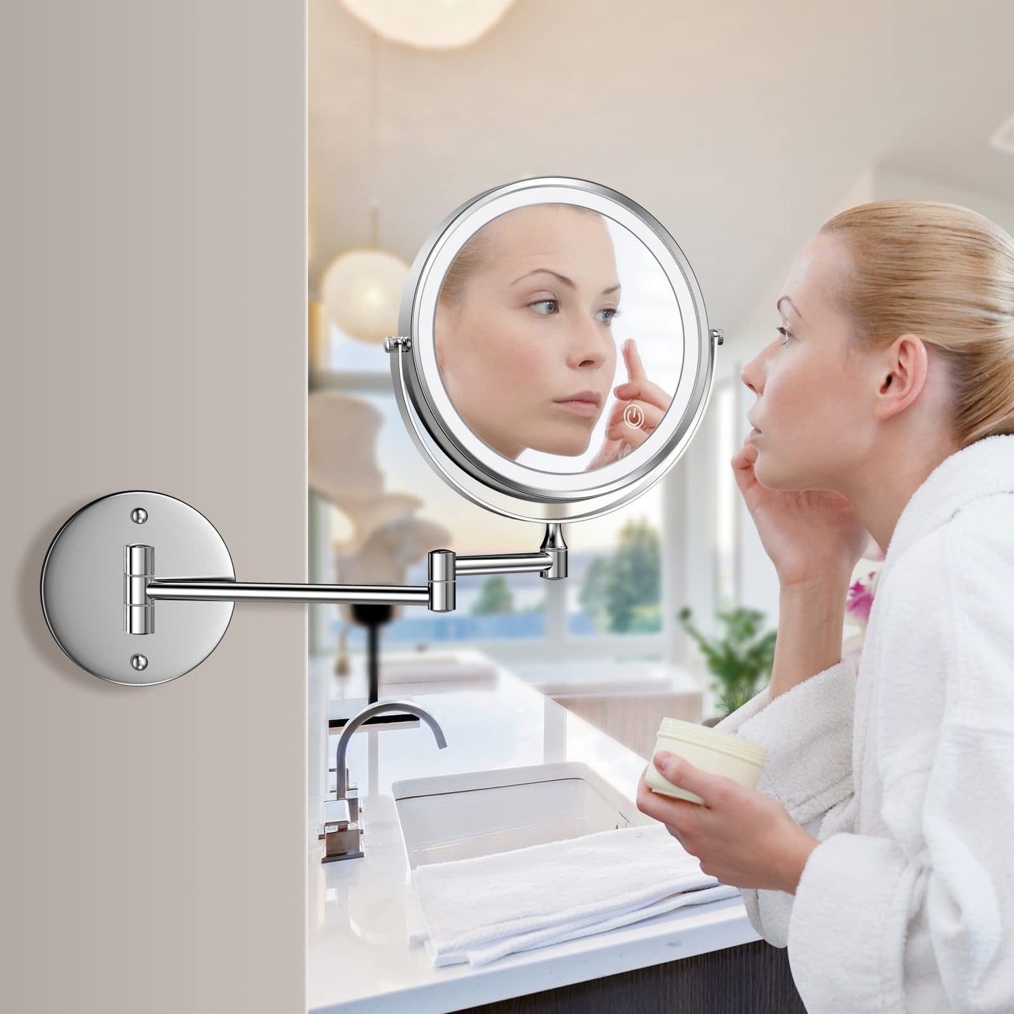 Rocollos Rechargeable Wall Mounted Lighted Makeup Mirror, 8 Inch Double-Sided LED Vanity Mirror 1X/7X Magnification,3 Color Lights Touch Screen Dimmable 360°Swivel 13 Inch Extendable