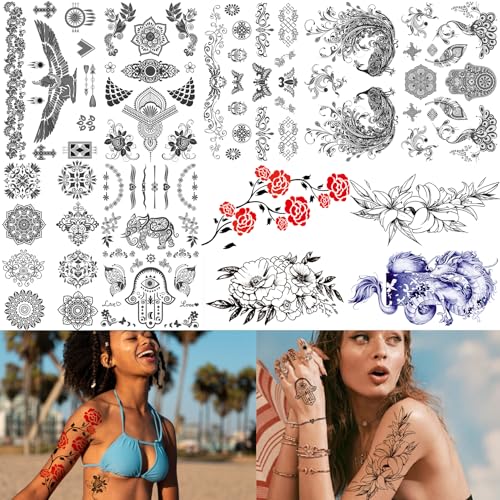 11 Sheets Tribal Black Realistic Temporary Tattoos For Women Girls, Waterproof Fake Tattoos Temporary Elephant Ganesha Lace Tattoo Kits, Lotus Mandala Flower Tatoo Sticker Neck Chest Arm Butterfly